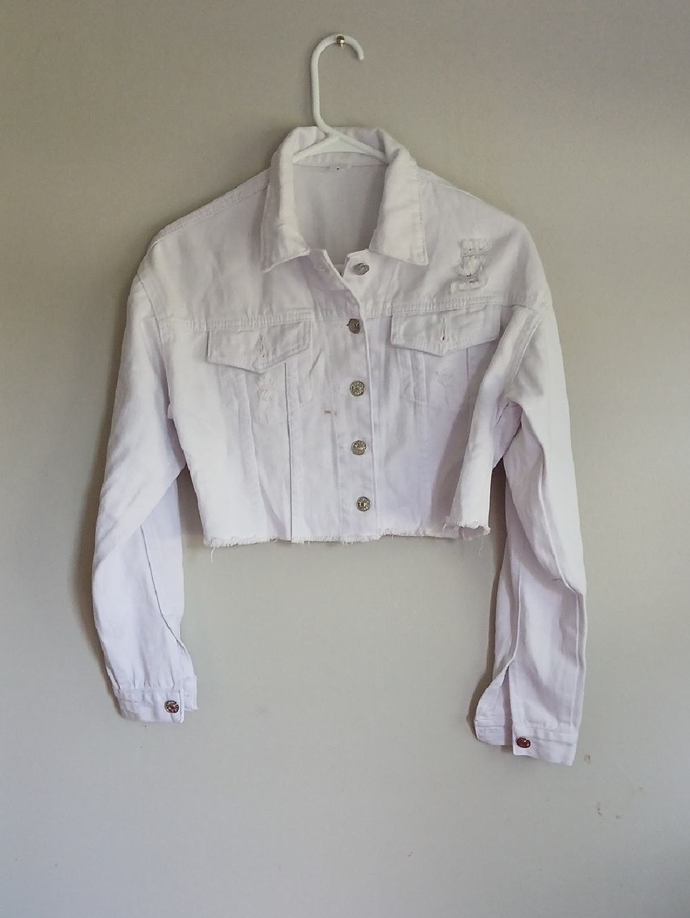 Cropped White Denim Jacket - Distressed Hem